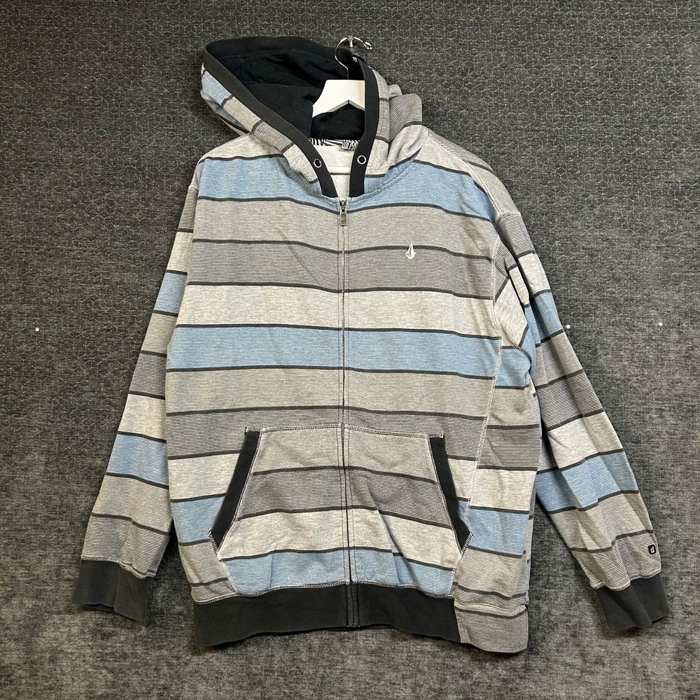 Volcom Full Zip Hoodie Men's Gray Blue Striped Pockets Y2K Skate - Large